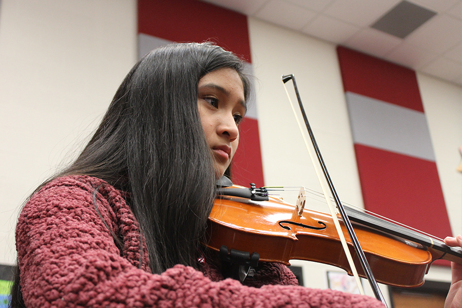 Practicing with the orchestra, sophomore Christine Verzo follows the music. Orchestra students in the process of auditions for All-Region choir attended a recent clinic to help finalize their pieces. 