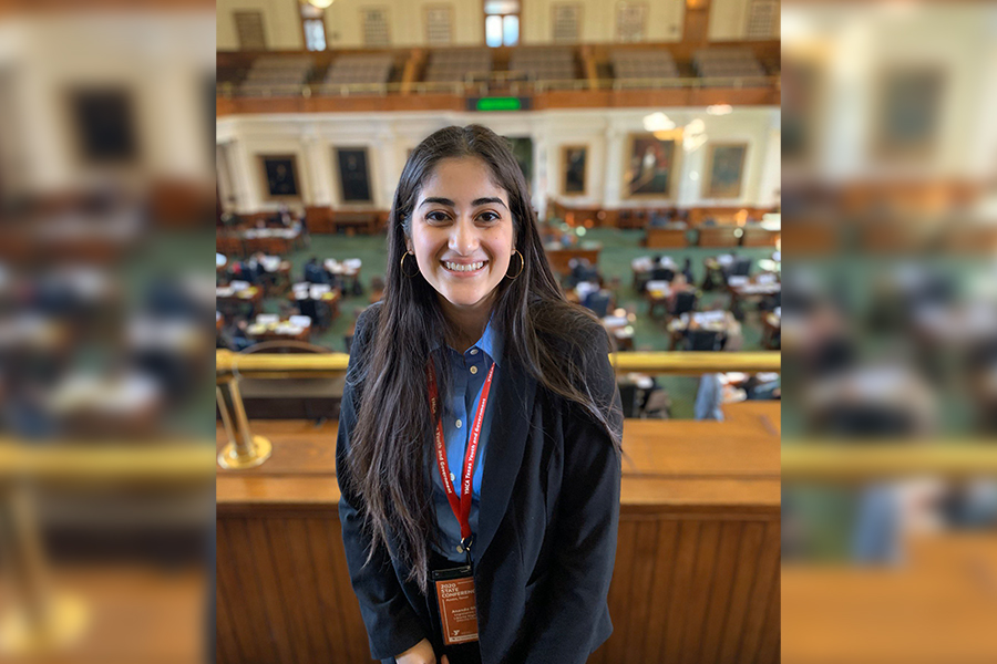Ananda Ghoshal, junior, poses in the Court House after her bill passed out of the senate. 