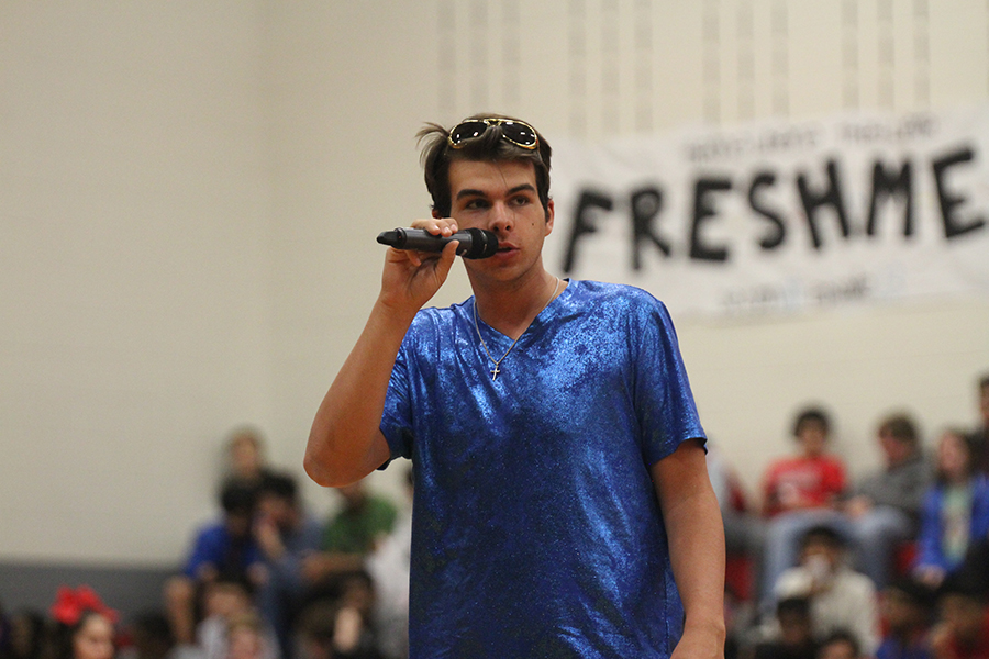 Hoping to rally school spirit, junior Tyler Brown hosts the first ever spring pep rally in school history in The Nest on Tuesday, Feb. 11, 2020.