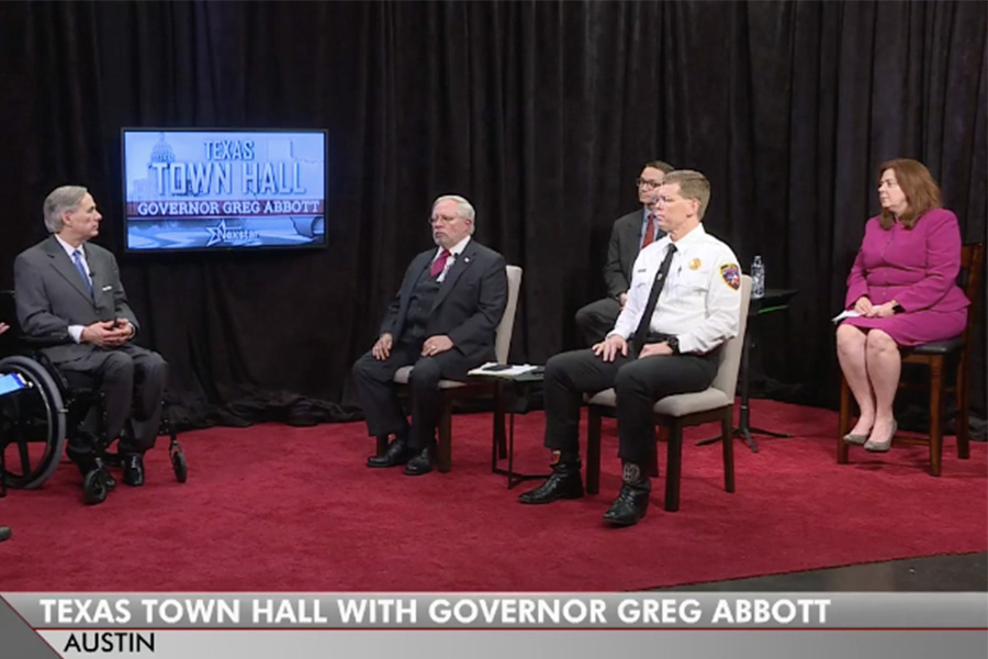 Governor Greg Abbott sits down with Texas Department of State Health Services Dr. John Hellerstedt, Texas Education Agency Commissioner Mike Morath, Texas Division of Emergency Management Chief Nim Kidd, and Medicaid Director at Texas Health and Human Services Stephanie Muth during a virtual town hall. “We’re dealing with a very real challenge, a challenge that we collectively must respond to,” Abbott said during the town hall.