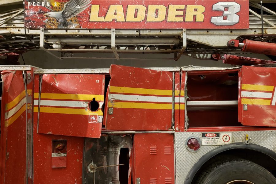 Parked on West Street near Vesey Street on September 11, 2001, the FDNY Ladder 3 truck was damaged as a result of the collapse of the Twin Towers. The truck is now on display at the 9/11 Memorial & Museum in New York City. 