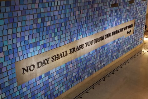 Occupying a huge wall in the 9/11 Memorial & Museum, this mural created by Spencer Finch is titled Trying to Remember the Color of the Sky on That September Morning. Comprised of 2,983 watercolor squares, it features a quote from Roman poet Virgil that reads No day shall erase you from the memory of time.