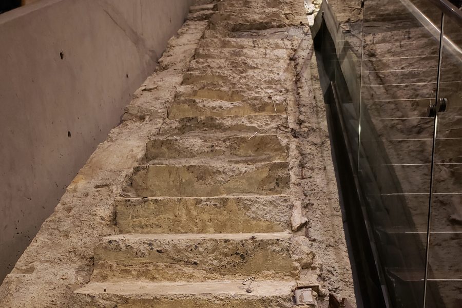 This set of stairs called The Survivors Staircase was the last visible remaining original structure above ground level at the World Trade Center site. On the morning of Sept. 11, 2001, these stairs served as an escape route for hundreds of people feeling the World Trade Center complex.

