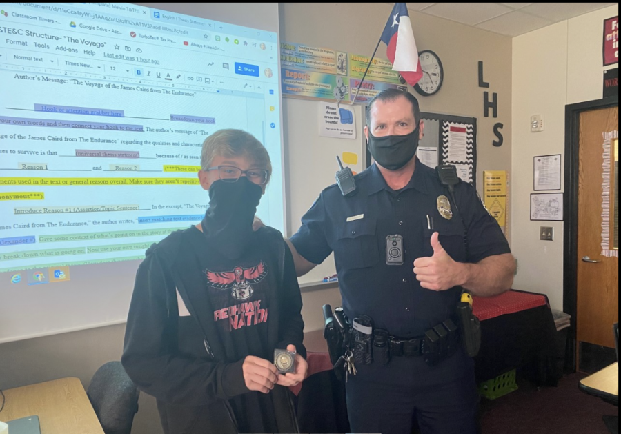 Responding quickly to a classmate undergoing a medical emergency by calling 911, freshman Carsten Swallow was presented with a Frisco PD challenge coin by School Resource Officer Glen Hubbard in recognition of his actions.

“I definitely think this will impact me and the way I think, Carsten said. It really opens your mind to show how much help one person can provide to others.”
 