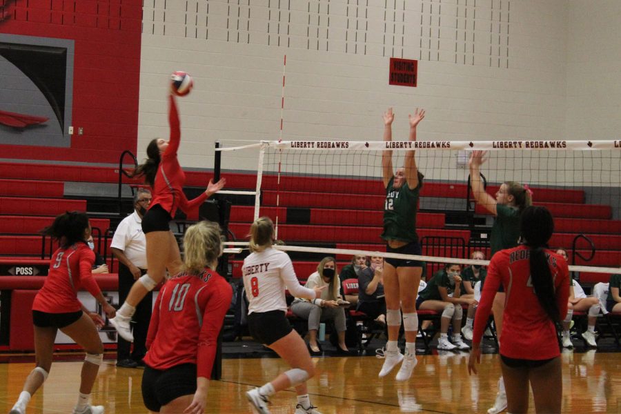 The+Redhawks+brought+home+a+much+desired+win+against+the+Centennial+Titans+on+Tuesday.+With+focus+on+their+serving+game%2C+the+Redhawks+dominated+3-1.