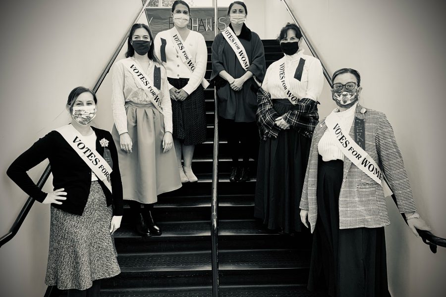 To celebrate the 100th anniversary of the 19th Amendment, female history teachers, Jennifer Nelken, Kristen Mayfield, Emily Griffin, Kristin Binyon, Amanda Peters, and Sarah Wiseman, tried to replicate the dress of women in 1920 to bring attention to Tuesday's Election Day and the importance of voting. 