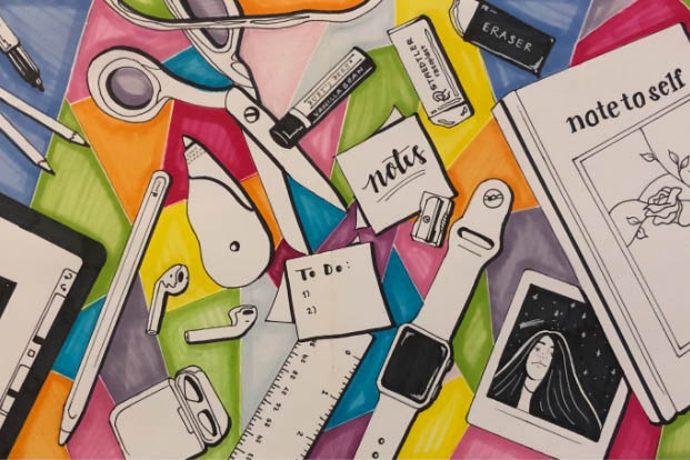 A still life of everyday items with a colorful background, this piece is featured in the virtual show and a part of art teacher Jeb Matulichs class. 