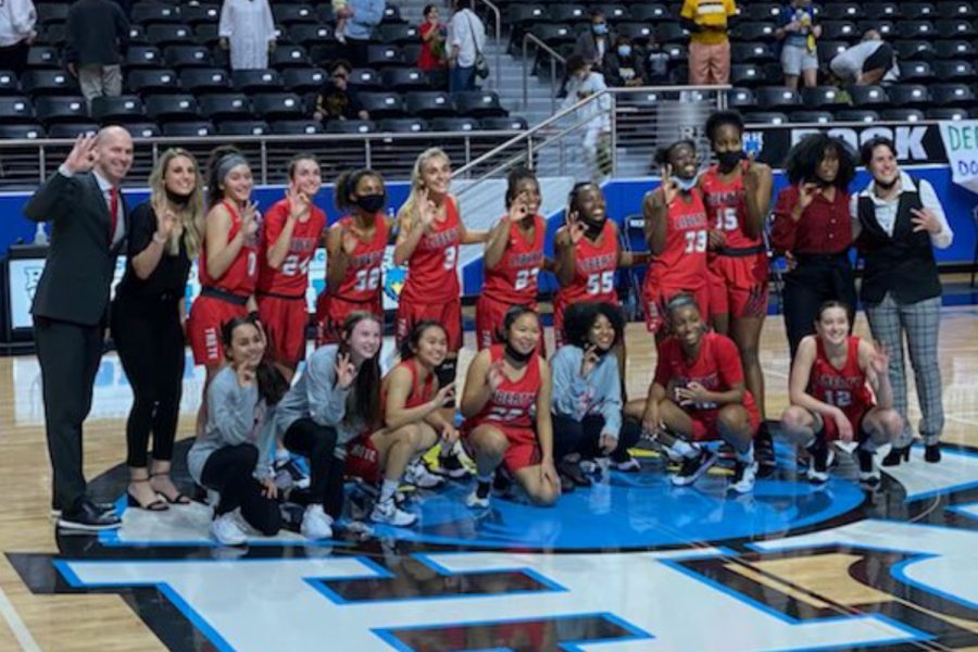 Holding up three fingers to signify their third win of the playoffs, the girls basketball team poses for a picture at center court at Prosper Rock Hill after the teams 33-28 win over District 9-5A rival Memorial High School.

The win puts the team in Region II semifinals Friday night when they play North Forney at 7:00 p.m. in Garland. 