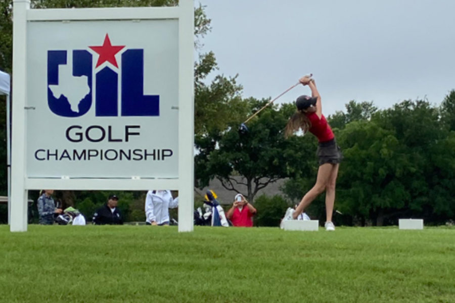 Teeing off on the 1st hole at White Wing Golf Club in Georgetown, senior Maya Jain and the rest of the girls golf team are competing in the UIL 5A State Tournament on Monday and Tuesday. The Redhawks are making their first appearance at state since 2018. 