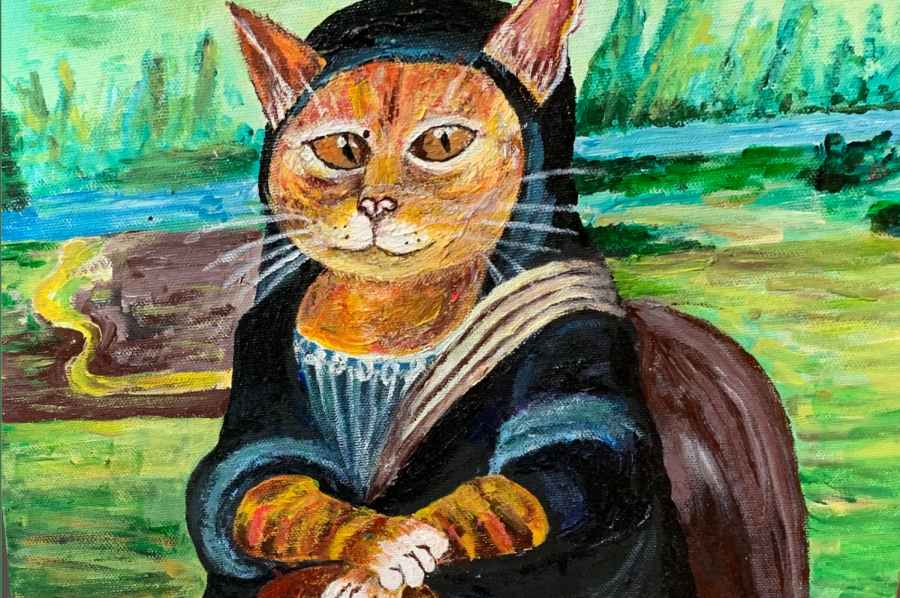 A modern-day twist of Da Vincis the Mona Lisa, the tabby cat portrait sits in the art room. 