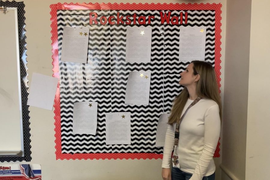In English teacher Vanessa Melvins classroom, some of her students best work can be found on the Rockstar Wall. Not only does this highlight students who have reached a high level of writing, but it also serves as examples to other students of what exemplary looks like in Melvins classroom.
