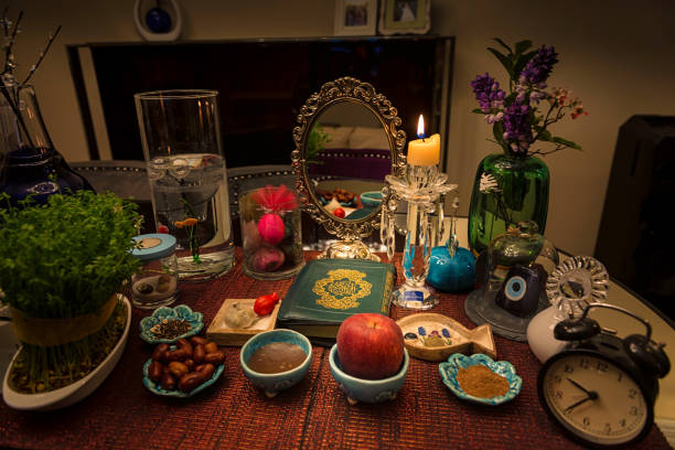 A Persian New Year (Nowruz) table design. The various objects on the table represent something about the New Year.