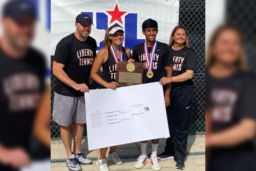 Winning+the+UIL+5A+mixed+doubles+tennis+championship+on+Thursday%2C+April+28%2C+2022%2C+juniors+Sanjheev+Rao+and+Milla+Dopson+lost+just+four+games+in+the+state+tournament.+The+duo+became+the+first+team+to+win+a+mixed+doubles+championship+in+Frisco+ISD+history.+