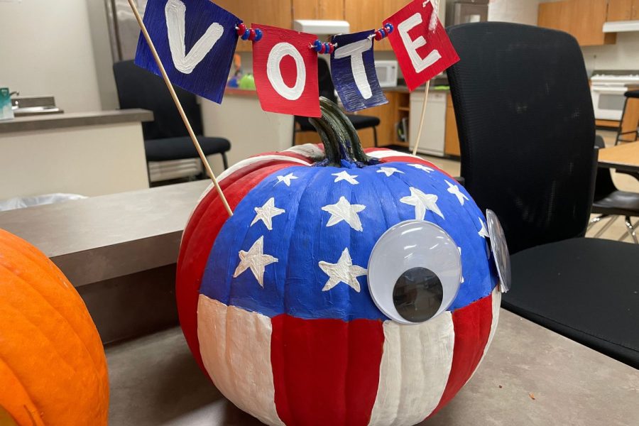 Many departments tied the theme of their pumpkin to the subject they teach. The social studies departments pumpkin featured a voting theme.