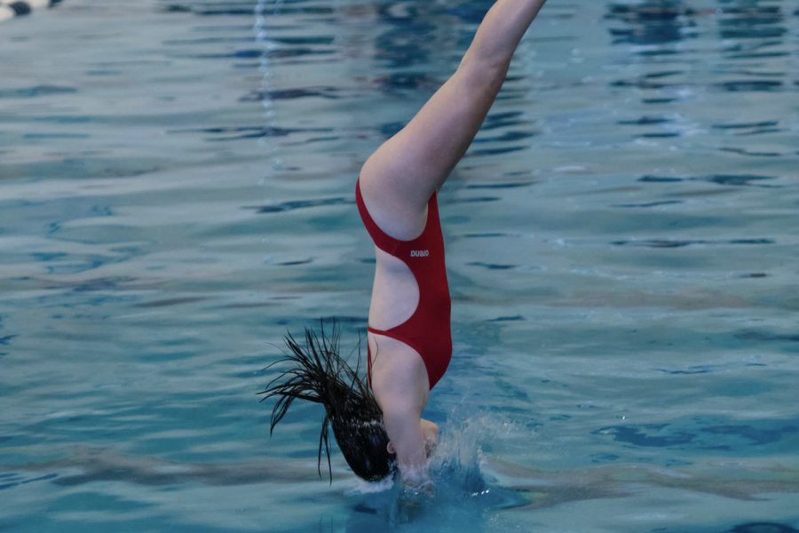 Sophomore Aubrey Henderson competes in the 5A TISCA Meet at the FISD Natatorium on Thursday for the dive team. She is one of only four girls from Frisco ISD that qualified, and she is aiming for a top finish.