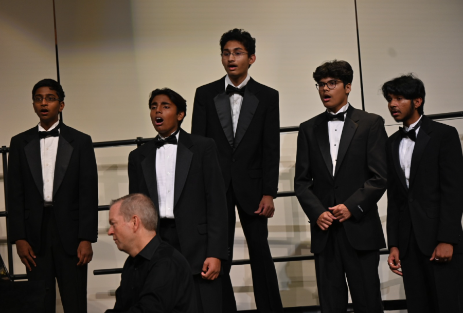 Tenor choir students (pictured left to right Abhineeth Pasam, Srikrishna Rajahopal, Aakash Bhagavathi, Issac Garcia, and Vaibhav Gupta) performing at last years concert. Choir will go to compete in the Pre UIL competition Thursday at 7 p.m.