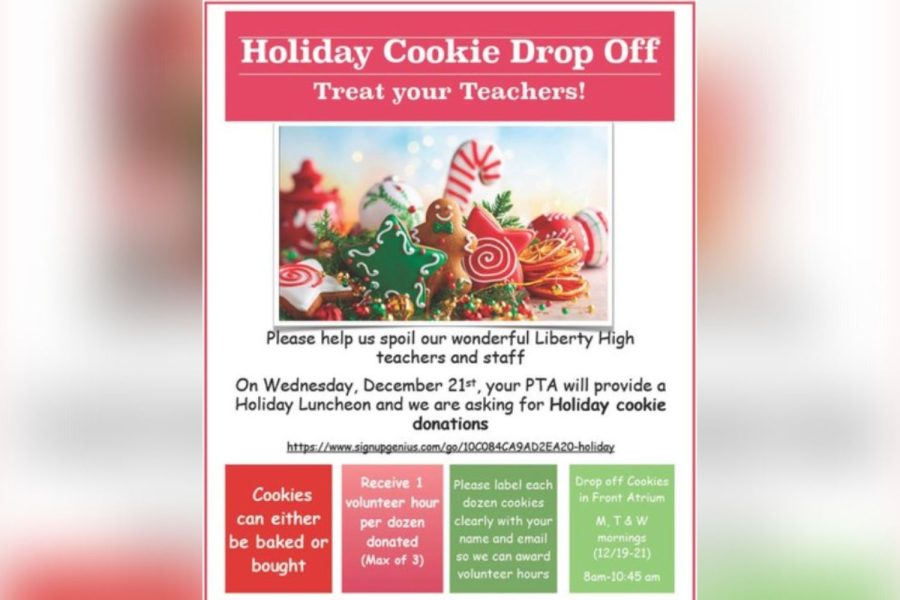 PTA members are hosting a holiday cookie drop off, and donations will go towards a Holiday Luncheon on Dec. 21 for teachers and staff members to enjoy.
Students are asked to donate homemade or store bought cookies Dec. 19-21 at the front of the school during the morning. 
