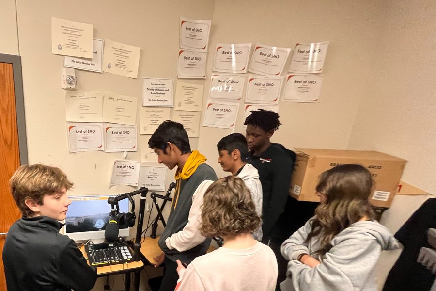 During Tuesdays severe weather shelter in place hold, students in the Audio/Video Production class of Brian Higgins moved into the equipment room where they watched live weather reports. 