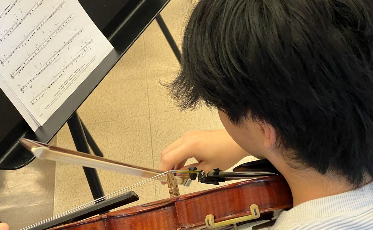 Looking down at his sheet music, senior Mason Hou plays his violin during orchestras Halloween performance in the cafeteria before school on Oct. 31, 2023.