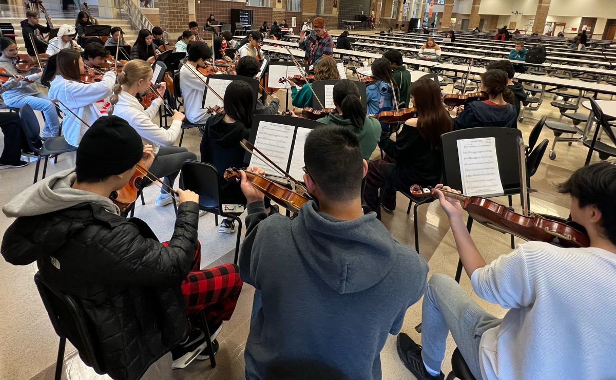 Orchestra played Halloween music in the cafeteria before school to showcase their Halloween spirit.