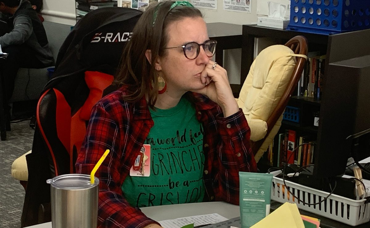 Students in GT Humanities are hoping teacher Sarah Wiseman isnt in a Grinch mood when shes grading work. Wiseman wore a Grinch shirt as part of Tuesdays Grinch theme. 