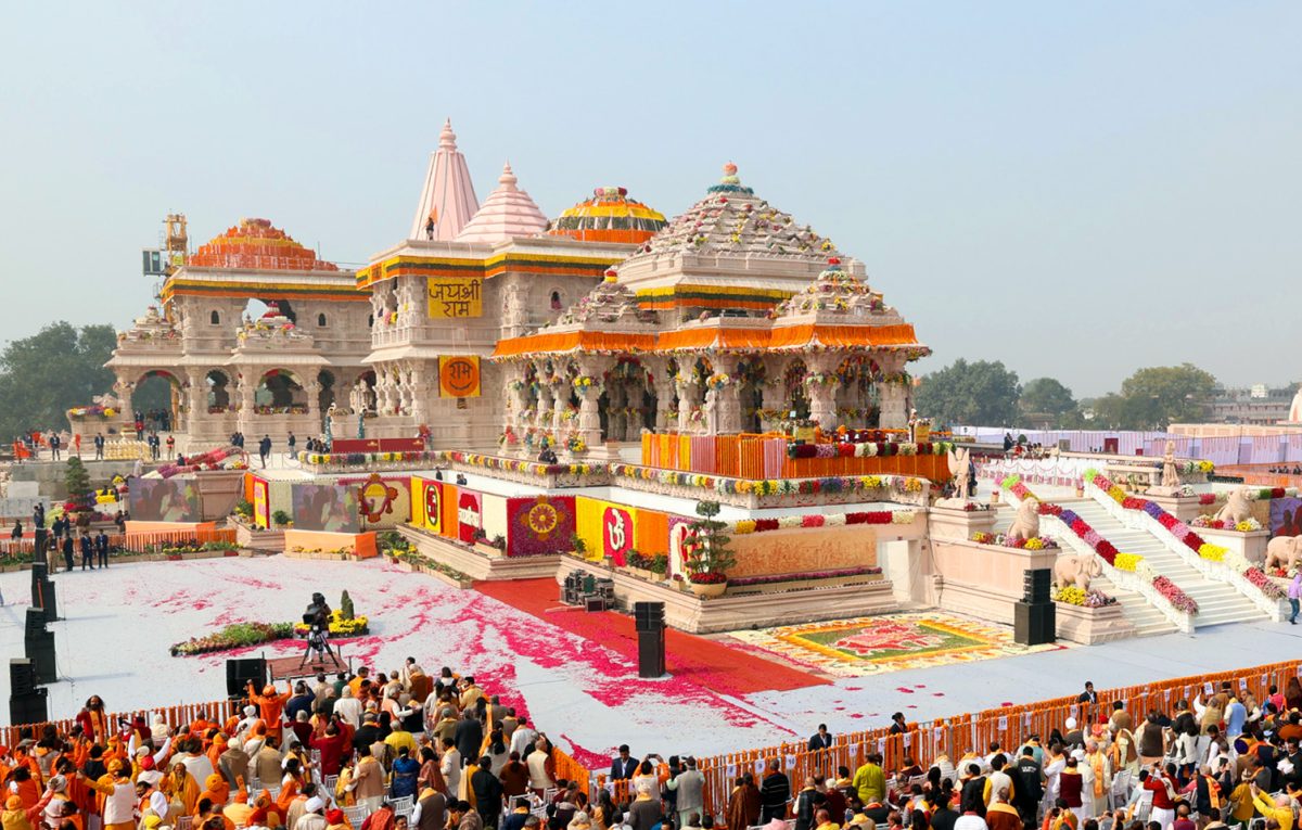 Thousands of Hindus are pictured at a religious ceremony for the Ram Mandir. Located in Ayodhya, the Ram Mandir is a temple dedicated to Rama, whom Hindus believe is an incarnation of Lord Vishnu.