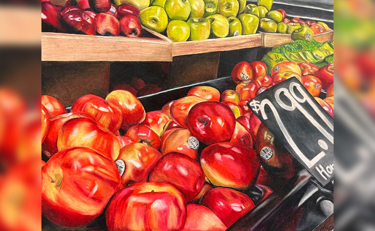Joaquin Perez “Apples” - Joaquin Perez’s drawing “Apples” was part of an art unit focusing on hyperrealism. Students were tasked to take a photo of fruit at the grocery store, and then use colored pencils to recreate this image as closely as possible.

(In order to make all images the same size some were stretched and blurred with the originally sized image centered).
