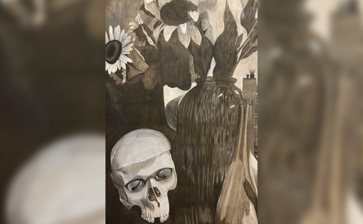 Vidhi Kaul “Still Life” - Vidhi Kaul’s “Still Life” piece was made using black and white charcoal pencils on multimedia paper. This piece was based off of a still life scene involving sunflowers and bones set up in Mrs. Delarios’ room.

(In order to make all images the same size some were stretched and blurred with the originally sized image centered).