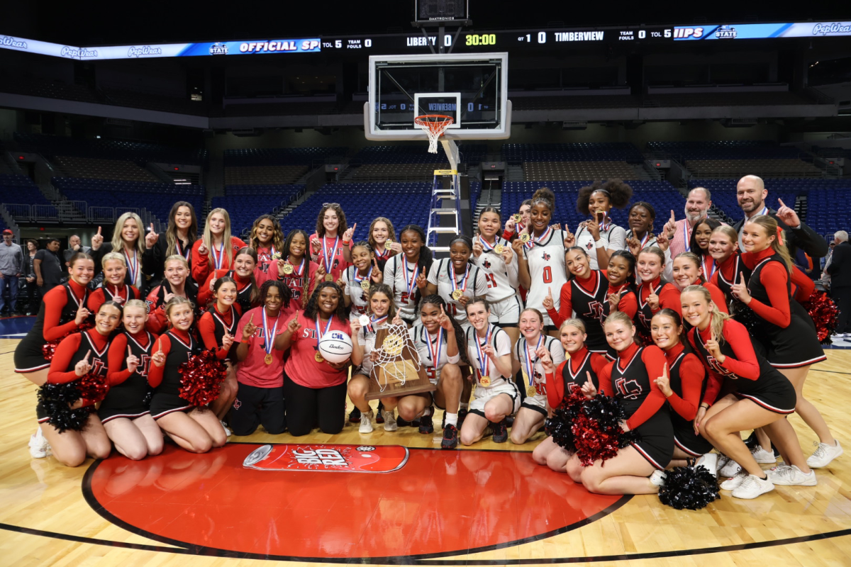 From cheer, to athletic trainers, the players, and coaches, the Redhawks contingent takes over the court at the Alamodome after the girls basketball team wins its second straight state championship. 