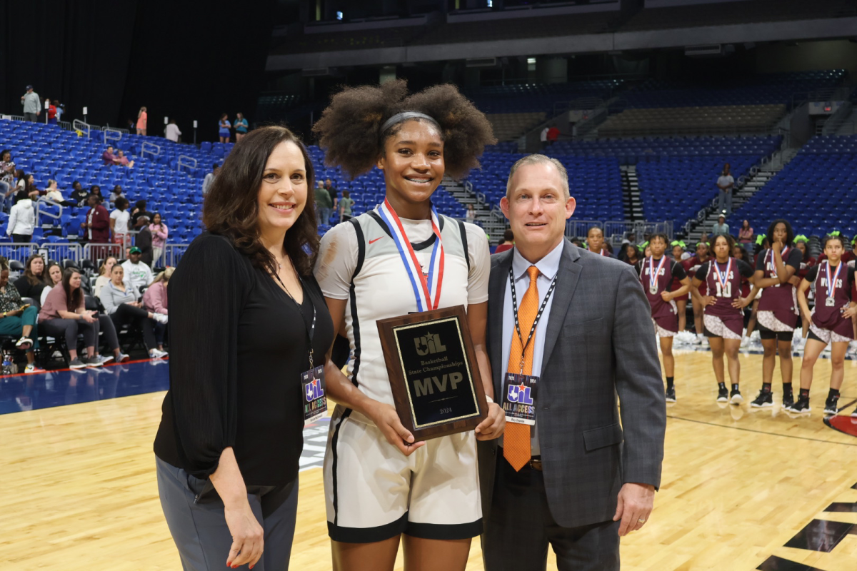 Finishing Saturdays UIL 5A state championship game with 30 points, 12 rebounds, and four assists, sophomore Jacy Abii was named the tournaments Most Valuable Player presented to her by UIL Assistant Athletic Director Grace McDowell and UIL Director of Athletics Ray Zepeda. 


