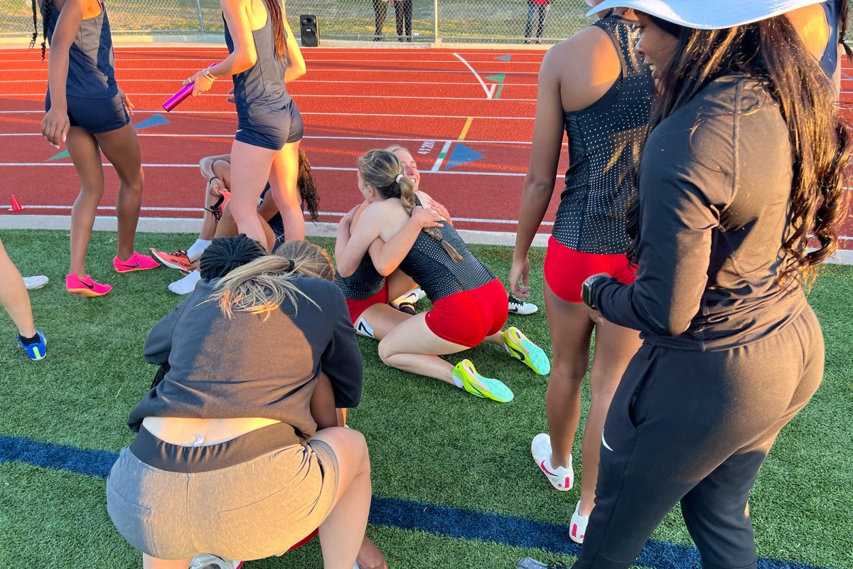 After finish 3rd in the girls 4x400 relay at the Area meet, the Redhawks celebrate advancing to Friday and Saturdays regional meet at UT-Arlington. 