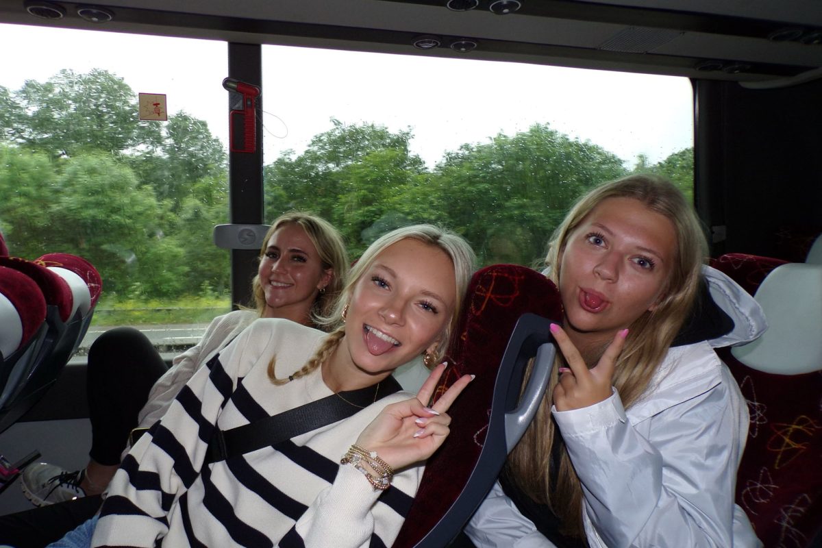 During the summer, a handful of Redhawks from the Class of 2025 had the opportunity to go on a European vacation led by teacher David Volkmar. Pictured are Addyson Schick, Olivia Forden, and Bea Dunlop on a tour bus, the main travel vehicle during the trip. 