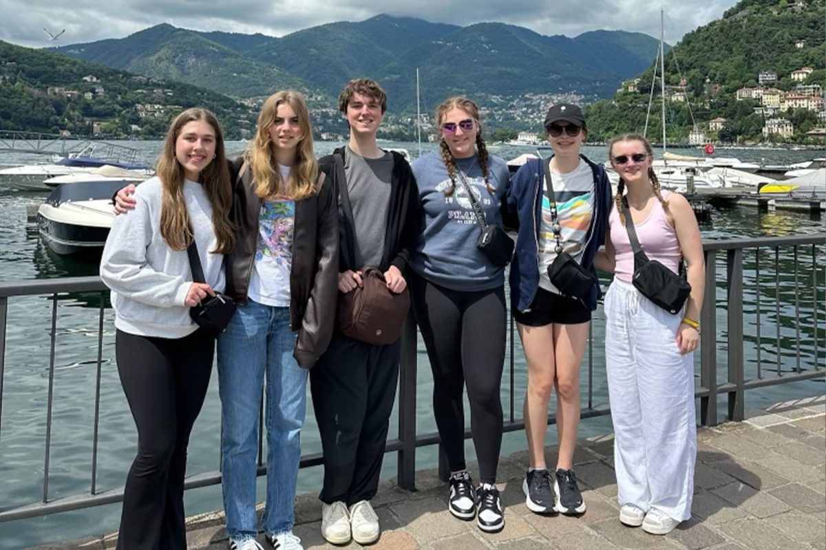 Pictured are seniors Abigail Boss, Addy Conrady, Zachary Homer, Aubrey Henderson, and Haley Hicks on a dock in Lake Como, Italy. 