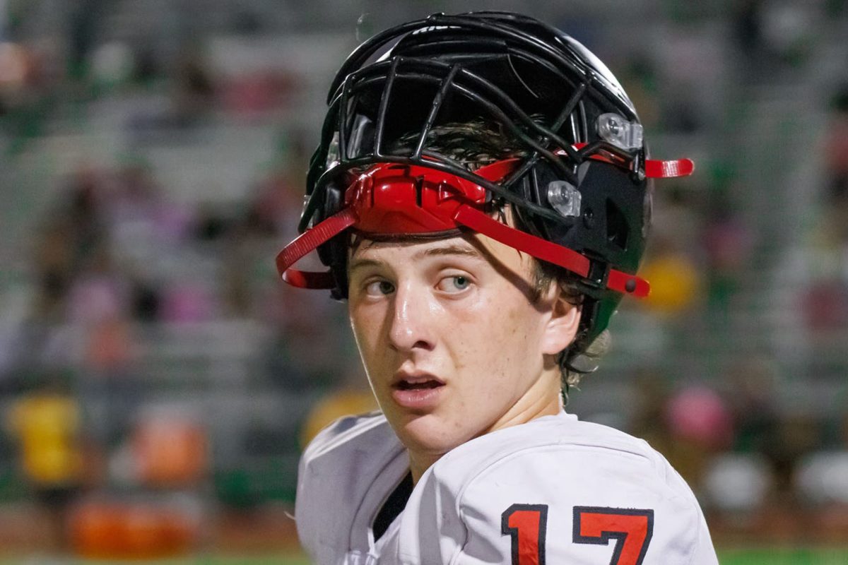 Senior Landon Reygadas is stone-faced as sweat drips down his face in the game against the Memorial Warriors. 