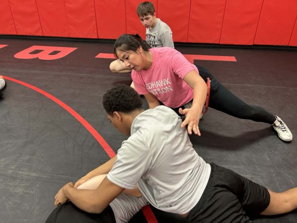 Helping wrestlers perfect their technique, girls' head coach Viviana Espinoza and girls' wrestling team take on the rest of the district at Thursday's District Duals. 