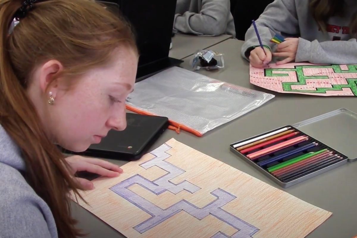 Students in Jayci Morton’s art class are finishing their perspective unit by designing 3D mazes. The project challenges them to apply concepts of vanishing points, angles, and depth to create visually dynamic designs.