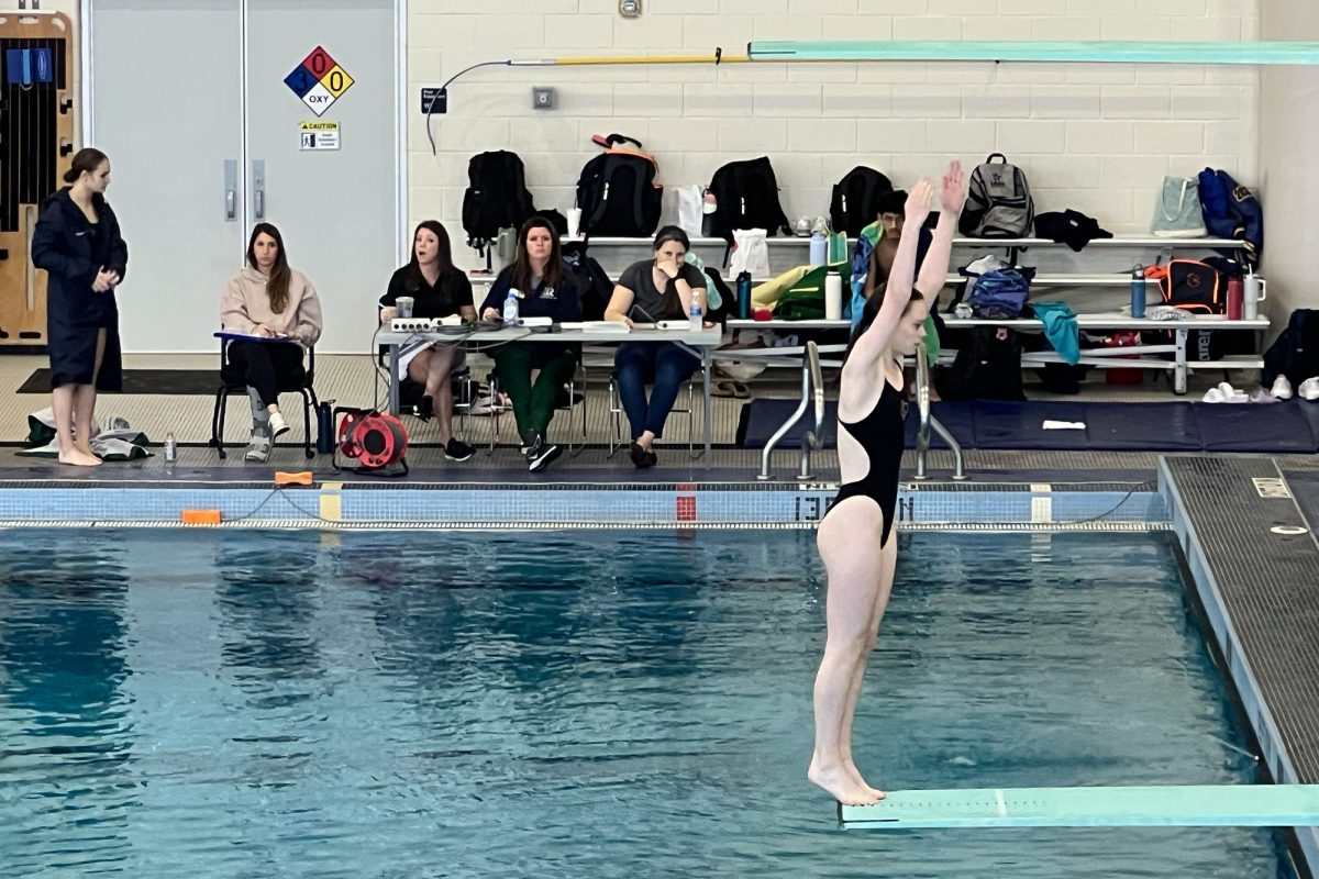 With judges looking on in the background, senior Aubrey Henderson gets ready to perform at dive on Thursday at the UIL Region 3-5A diving and swimming championship meet at the Bruce Eubanks Natatorium. The Redhawks swimming team takes to the pool on Friday for preliminary heats. 