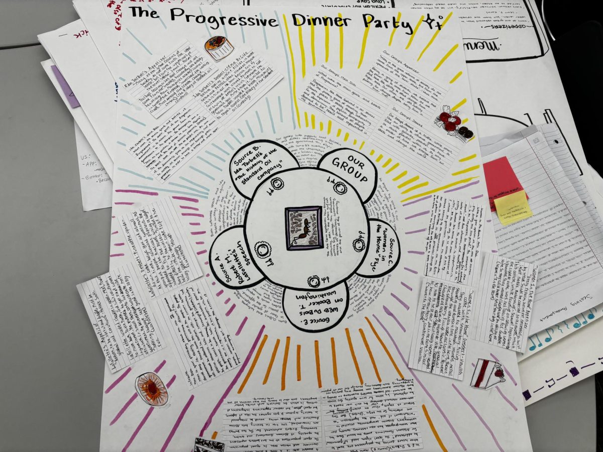 American Studies, a class the incorporates both US History and English Language studies, had students collaborate to make a creative poster displaying  their work about he Progressive era.
